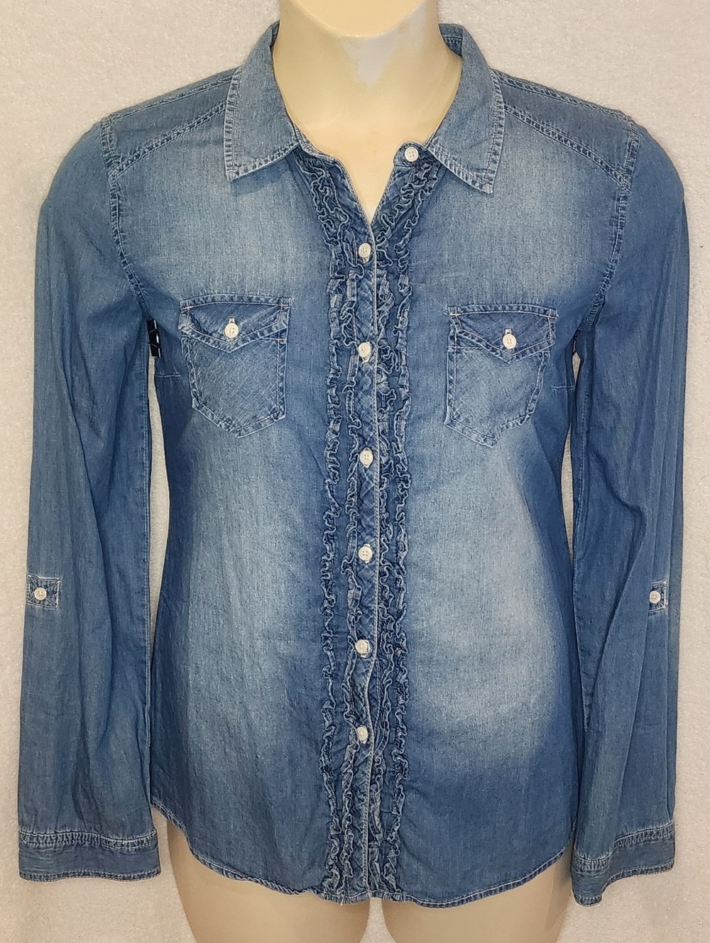 Maurices Light Blue Ruffle-Trim Denim Button Down Shirt - Picture 2 of 8